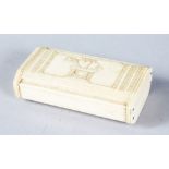 A NAPOLEONIC BONE PRISONER OF WAR RECTANGULAR SNUFF BOX, the lid with two hearts on a column. 8cms