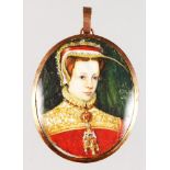AN OVAL PORTRAIT MINIATURE OF A YOUNG LADY in Tudor type dress. 6.5cms x 5.5cms. Signed A. ATASY 16,