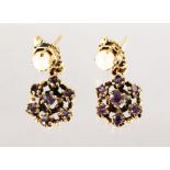 A PAIR OF GOLD, AMETHYST AND PEARL EARRINGS.