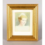 AN EARLY 20TH CENTURY PORTRAIT MINIATURE OF A YOUNG LADY wearing a lace dress and necklace. 8.5cms x