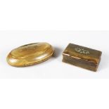 AN INLAID OVAL HORN SNUFF BOX, 8cms long, and A RECTANGULAR HORN SNUFF BOX, 5cms long (2).