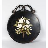 A GOOD VICTORIAN DERBYSHIRE MARBLE CIRCULAR PLAQUE, 15ins diameter, inlaid with flowers in a