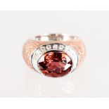 A LOVELY 18CT WHITE GOLD, DIAMOND, EMERALD AND RUBY RING.