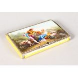 A LOVELY FRENCH YELLOW ENAMEL SNUFF BOX, the lid with young lovers, dog and sheep.