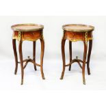 A PAIR OF LOUIS XVI STYLE KINGSWOOD AND ORMOLU TABLES, with pierced gallery above a single drawer,