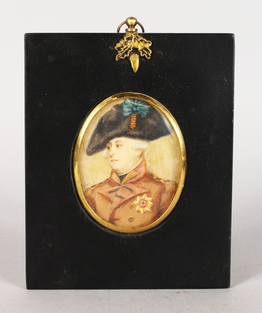 AN OVAL PORTRAIT MINIATURE, POSSIBLY GEORGE III, signed Erter. 7.5cms x 5.5cms, with gilt metal