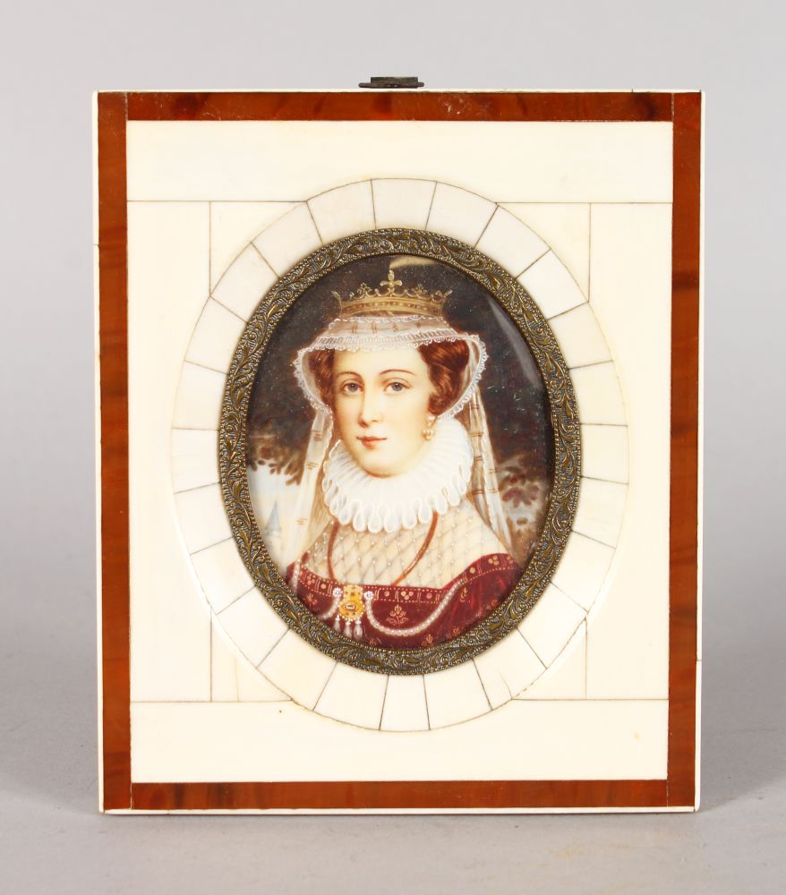 AN OVAL PORTRAIT MINIATURE OF A YOUNG LADY. wearing a crown and lace ruffle. 7cms x 6cms, in a