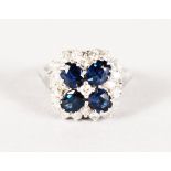 A WHITE GOLD, SAPPHIRE AND DIAMOND CLUSTER RING.