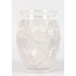 A GOOD R. LALIQUE HEAVY FROSTED VASE decorated with two rows of six chubby birds. Etched R. LALIQUE.