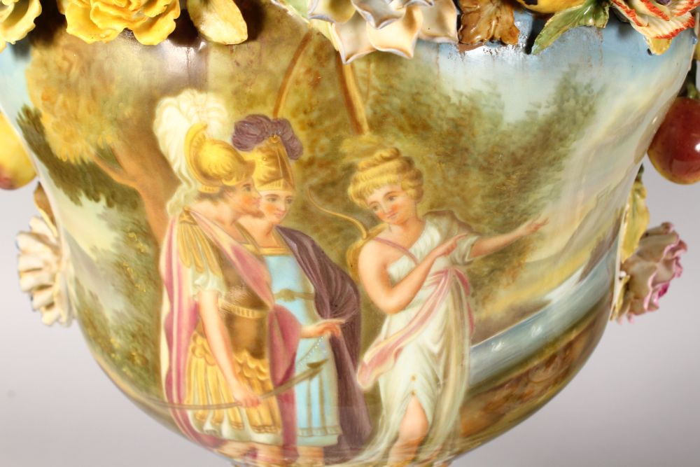 A GOOD LARGE PAIR OF DRESDEN STYLE FLOWER ENCRUSTED URNS, COVERS AND STANDS, painted with - Image 3 of 8