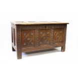 AN 18TH CENTURY OAK DOWER CHEST, with four plain panels to the top, arcaded frieze and three diamond