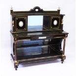 A 19TH CENTURY EBONISED AND ORMOLU MOUNTED CHIFFONIER, the upper section with urn finials, Jasper