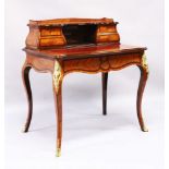 A GOOD 19TH CENTURY FRENCH KINGWOOD AND ORMOLU BONHEUR DU JOUR, the upper section with galleried