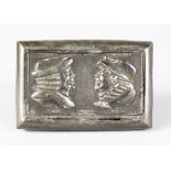 A NOVELTY PEWTER TOBACCO BOX, "The Wedding Day" and "Three Weeks After Marriage". 8cms long.