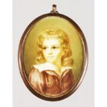 VOGEL AN OVAL PORTRAIT MINIATURE OF A YOUNG BOY with long flowing hair. Signed. 8cms x 6.5cms.