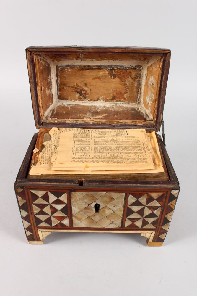 AN EARLY TURKISH RECTANGULAR BOX AND COVER inset with mother-of-pearl, opening to reveal a mirror in - Image 3 of 4