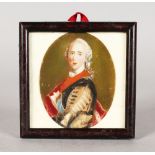 A 19TH CENTURY OVAL PORTRAIT MINIATURE OF POSSIBLY BONNIE PRINCE CHARLIE. 8cms x 7cms, re-framed