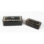 TWO PAPIER MACHE SNUFF BOXES with mother-of-pearl inlay. 8.5cms and 6cms long.