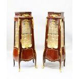 A PAIR OF LOUIS XVI STYLE MAHOGANY AND ORMOLU PEDESTAL VINTAGE CABINETS, with marble tops