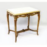AN ITALIAN MARBLE TOP GILTWOOD CONSOLE TABLE, carved and pierced gallery, supported by cabriole legs