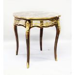 A LOUIS XVI STYLE MAHOGANY, MARBLE AND ORMOLU CENTRE TABLE, the shaped top inset with variegated