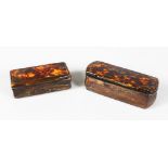 TWO TORTOISESHELL AND PAPIER MACHE RECTANGULAR SNUFF BOXES. 8cms and 6.5cms long.