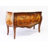 A FRENCH ROSEWOOD, MARQUETRY AND ORMOLU BOMBE COMMODE, with variegated marble top, two long