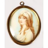 ANDREW PLIMER (1763-1839) BRITISH A FINE HAND PAINTED PORTRAIT MINIATURE of a lady wearing a mob cap