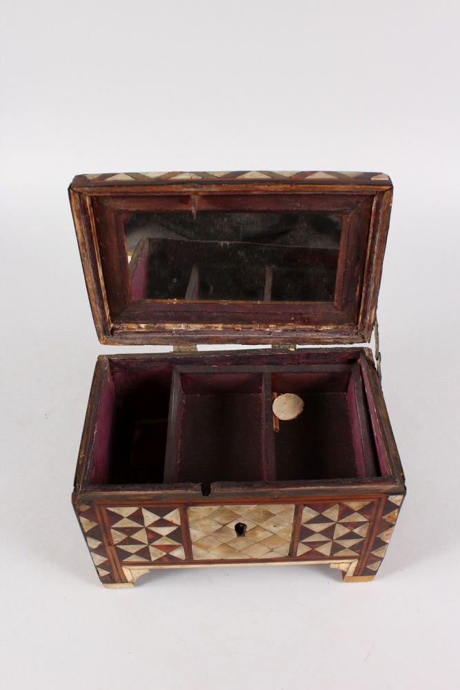 AN EARLY TURKISH RECTANGULAR BOX AND COVER inset with mother-of-pearl, opening to reveal a mirror in - Image 4 of 4