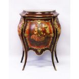 A FRENCH MAHOGANY, ORMOLU AND PAINTED BOMBE CABINET, 20TH CENTURY, the single door decorated with