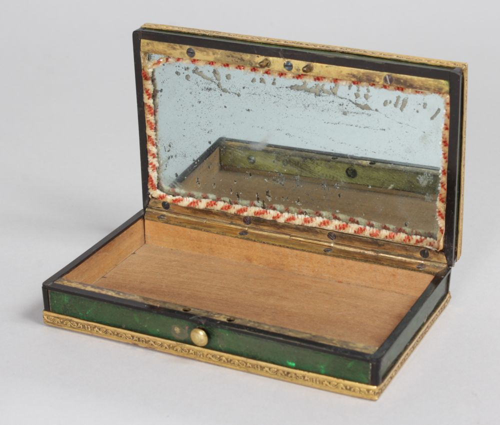 A GOOD REGENCY RECTANGULAR BOX, the lid with an inside mirror, the box with brass banding. 4.5ins - Image 3 of 4