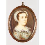 A 19TH CENTURY OVAL PORTRAIT MINIATURE OF A YOUNG LADY in Tudor type dress with lace bonnet. 8cms