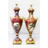 AN IMPRESSIVE VERY LARGE SEVRES PAIR OF FLOOR STANDING CONTINENTAL STYLE PORCELAIN AND ORMOLU