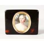 AN EXQUISITE 18TH CENTURY FRENCH MINIATURE on enamel set into a tortoiseshell box with gold