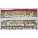 TWO SIMILAR EARLY 20TH CENTURY GOOD QUALITY CHINESE GREEN GROUND EMBROIDERED SILK WALL HANGINGS,