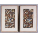 A PAIR OF 19TH CENTURY FRAMED CHINESE EMBROIDERED SILK PANELS, each decorated in knot and satin