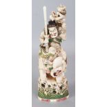 A GOOD QUALITY JAPANESE MEIJI PERIOD STAINED IVORY OKIMONO OF SHOKI THE DEMON QUELLER, seated on