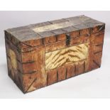 A VERY UNUSUAL 18TH/19TH CENTURY TIBETAN LEATHER COVERED WOOD MONASTERY CHEST, of rectangular