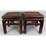 A PAIR OF 19TH/20TH CENTURY CHINESE RATTAN & WOOD SQUARE SECTION STOOLS, with carved finger citron