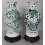 A NEAR PAIR OF CHINESE CRACKLEGLAZE PORCELAIN VASES, with metal rims and wood stands, each decorated