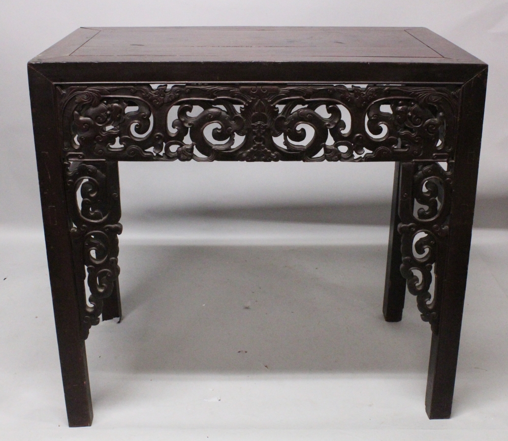 A GOOD 19TH CENTURY CHINESE RECTANGULAR HARDWOOD ALTER TABLE, the pierced frieze carved with - Image 2 of 4