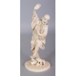 A GOOD QUALITY SIGNED JAPANESE MEIJI PERIOD IVORY OKIMONO, carved in the form of a man starting in