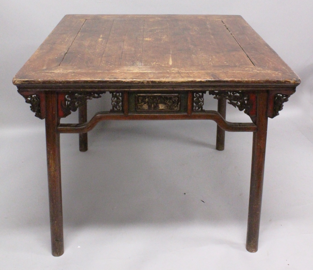 A 19TH CENTURY CHINESE SOFTWOOD SQUARE TABLE, with slightly flaring legs, the frieze centred on each - Image 2 of 6