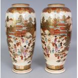 A PAIR OF EARLY 20TH CENTURY SIGNED JAPANESE SATSUMA EARTHENWARE VASES, each painted with a