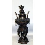 A LARGE & IMPRESSIVE JAPANESE MEIJI PERIOD SECTIONAL BRONZE KORO & COVER ON STAND, the koro with