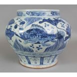 A LARGE CHINESE YUAN STYLE BLUE & WHITE PORCELAIN JAR, decorated with carp swimming amidst water