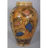 A PERSIAN QAJAR STYLE GLAZED CERAMIC VASE, decorated with stylised panels of fish and of foliage,