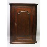 AN 18TH CENTURY OAK CORNER CUPBOARD with panel door enclosing three shaped shelves. 3ft 8ins high,