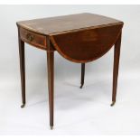 A GOOD MAHOGANY OVAL PEMBROKE TABLE with crossbanded top, folding flaps, single frieze drawer,