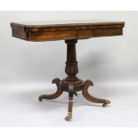 A SUPERB REGENCY "GILLOW" MODEL ROSEWOOD CARD TABLE, the rising top with bead edge and red velvet